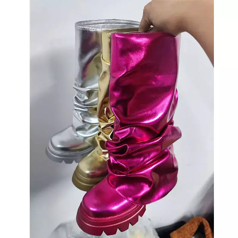 Metallic Boots Mid Calf In Gold Shark Botas Luxury Winter Platform y2k Shoes For Women Free Shipping