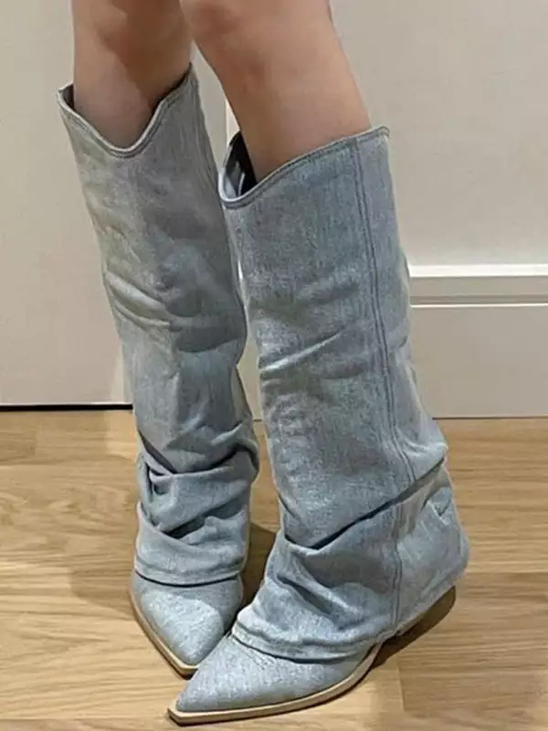 Pleats Blue Denim Thigh High Boots for Women 2023 Autumn