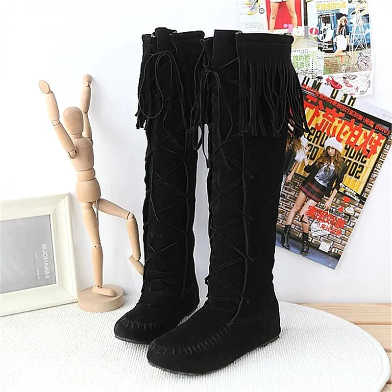 Plus Size Flat Western Boots Size Rope Braided Frosted Inner Increase Tassel High Boots