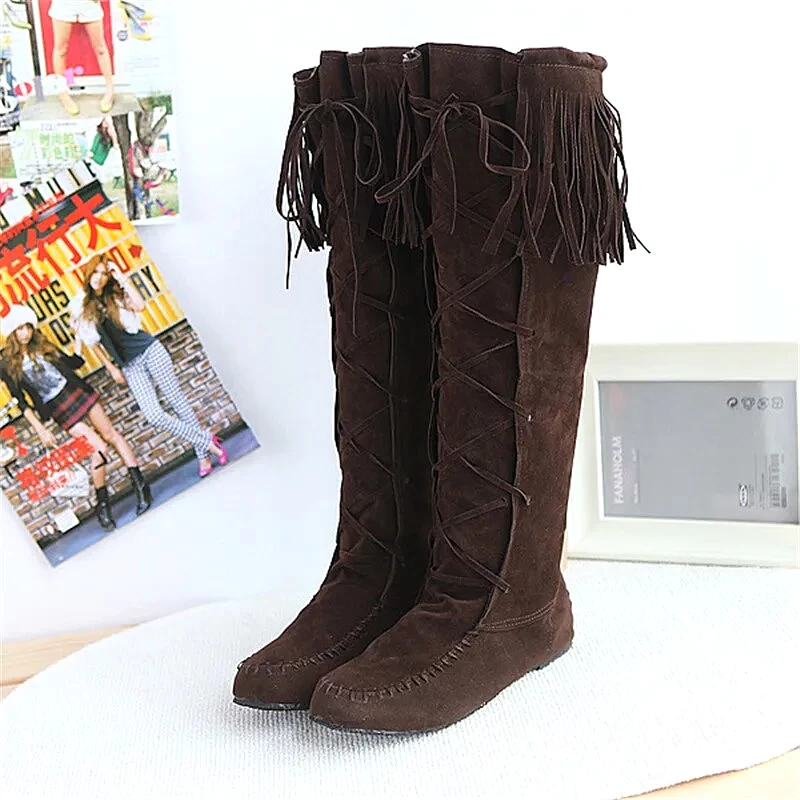 Plus Size Flat Western Boots Size Rope Braided Frosted Inner Increase Tassel High Boots