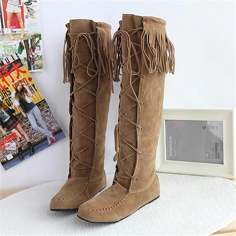 Plus Size Flat Western Boots Size Rope Braided Frosted Inner Increase Tassel High Boots