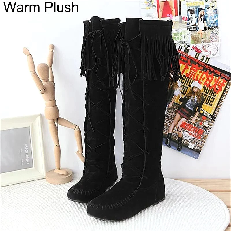 Plus Size Flat Western Boots Size Rope Braided Frosted Inner Increase Tassel High Boots