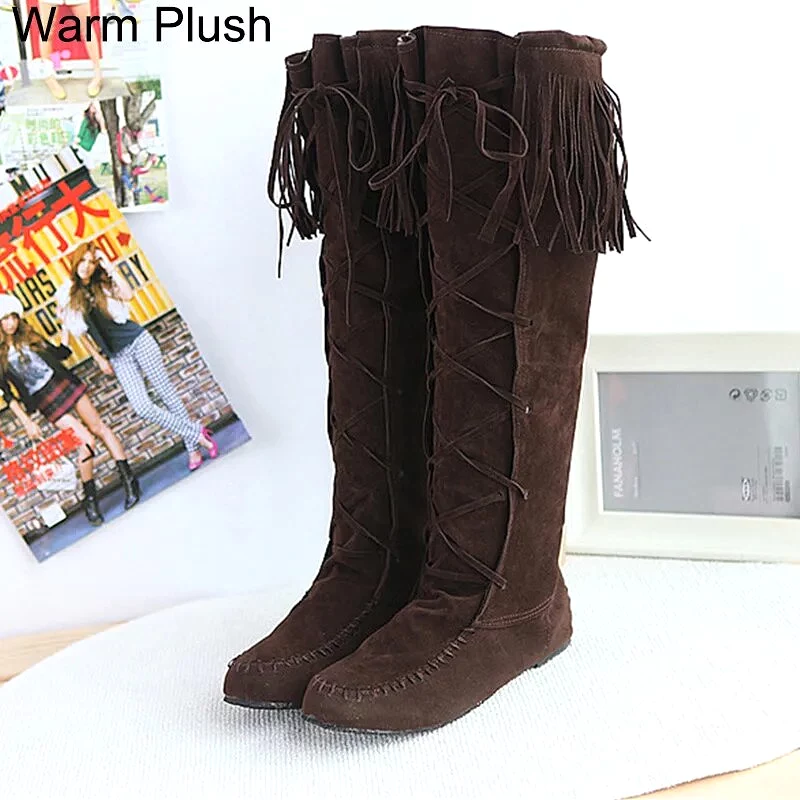 Plus Size Flat Western Boots Size Rope Braided Frosted Inner Increase Tassel High Boots