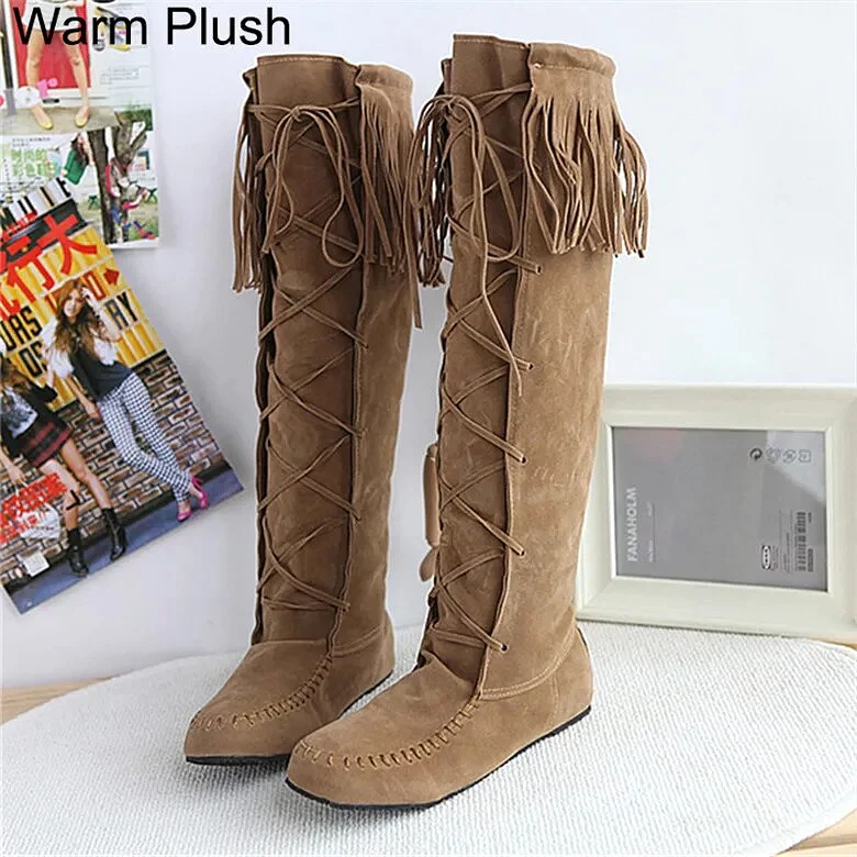 Plus Size Flat Western Boots Size Rope Braided Frosted Inner Increase Tassel High Boots