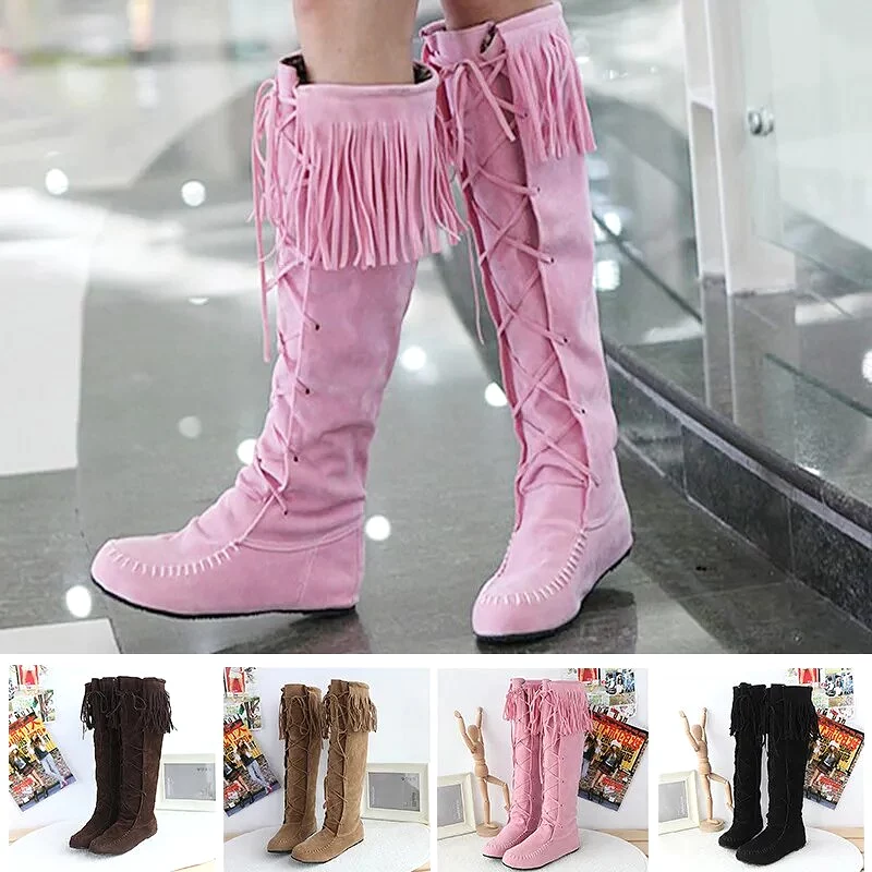 Plus Size Flat Western Boots Size Rope Braided Frosted Inner Increase Tassel High Boots