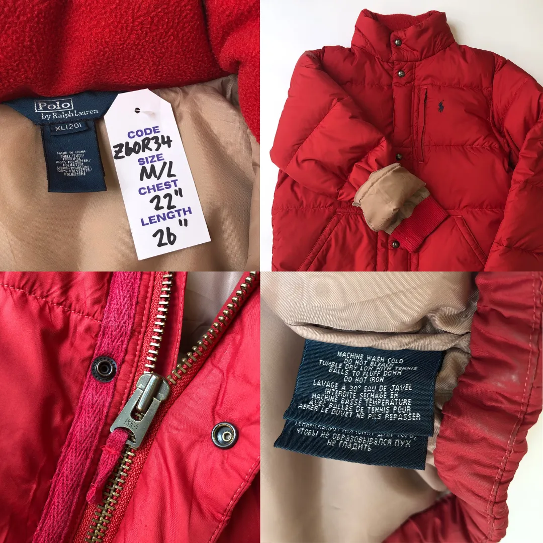 Polo Ralph Lauren 1990s Vintage Red Down Puffer Jacket Large