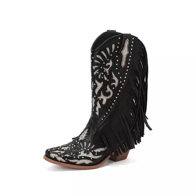 Rhinestone Cowboy Boots White Tassels Brand Woman Cowgirls Western Shoes Slip-On Square Heels women Female Fringe Cowboy Botines