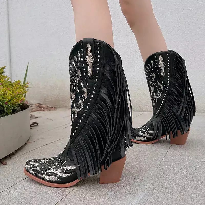 Rhinestone Cowboy Boots White Tassels Brand Woman Cowgirls Western Shoes Slip-On Square Heels women Female Fringe Cowboy Botines