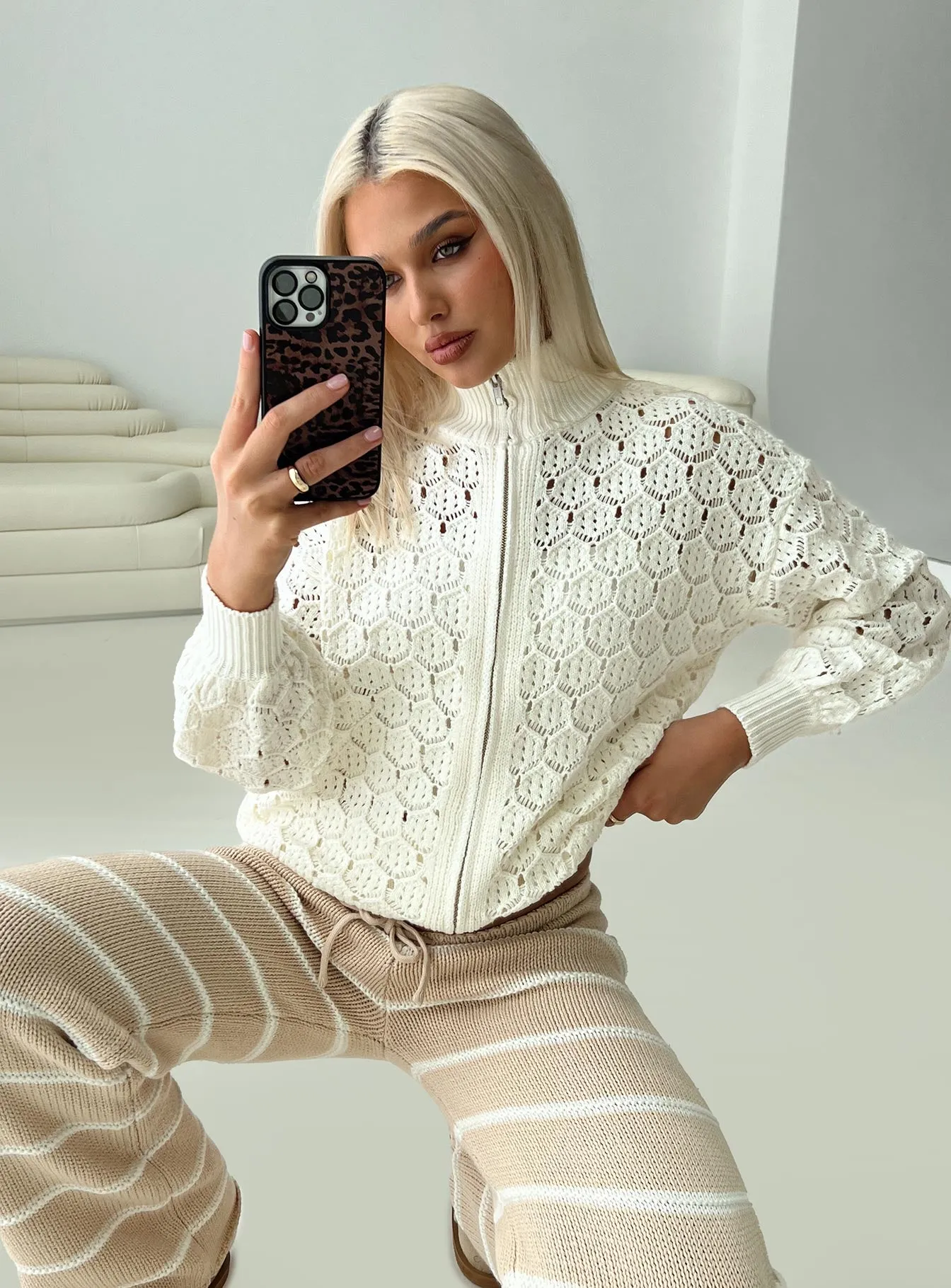 Sirena Zip Through Knit Sweater Cream