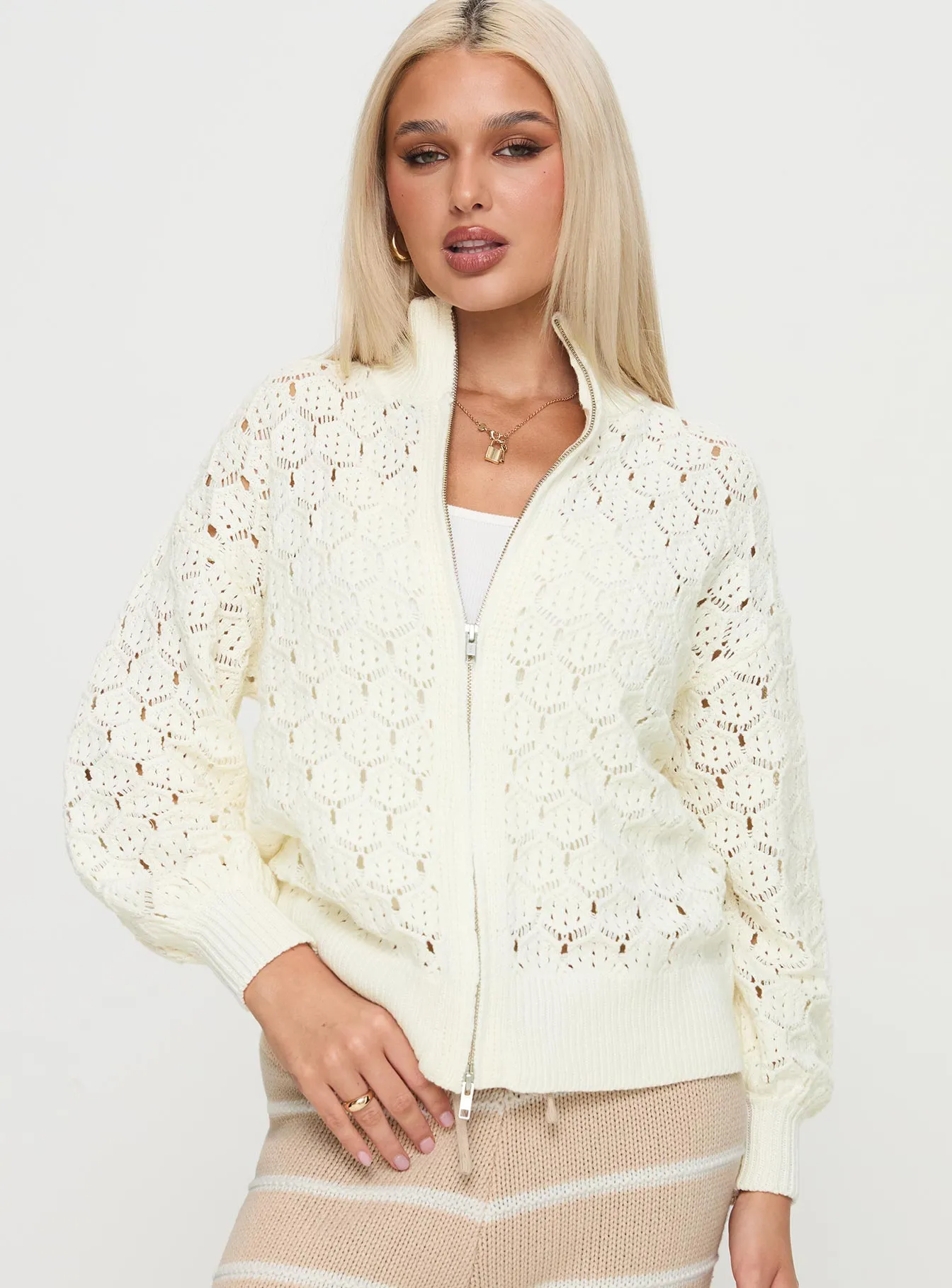 Sirena Zip Through Knit Sweater Cream