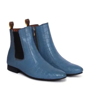 Sky Blue Chelsea Boots In Croco Textured Leather