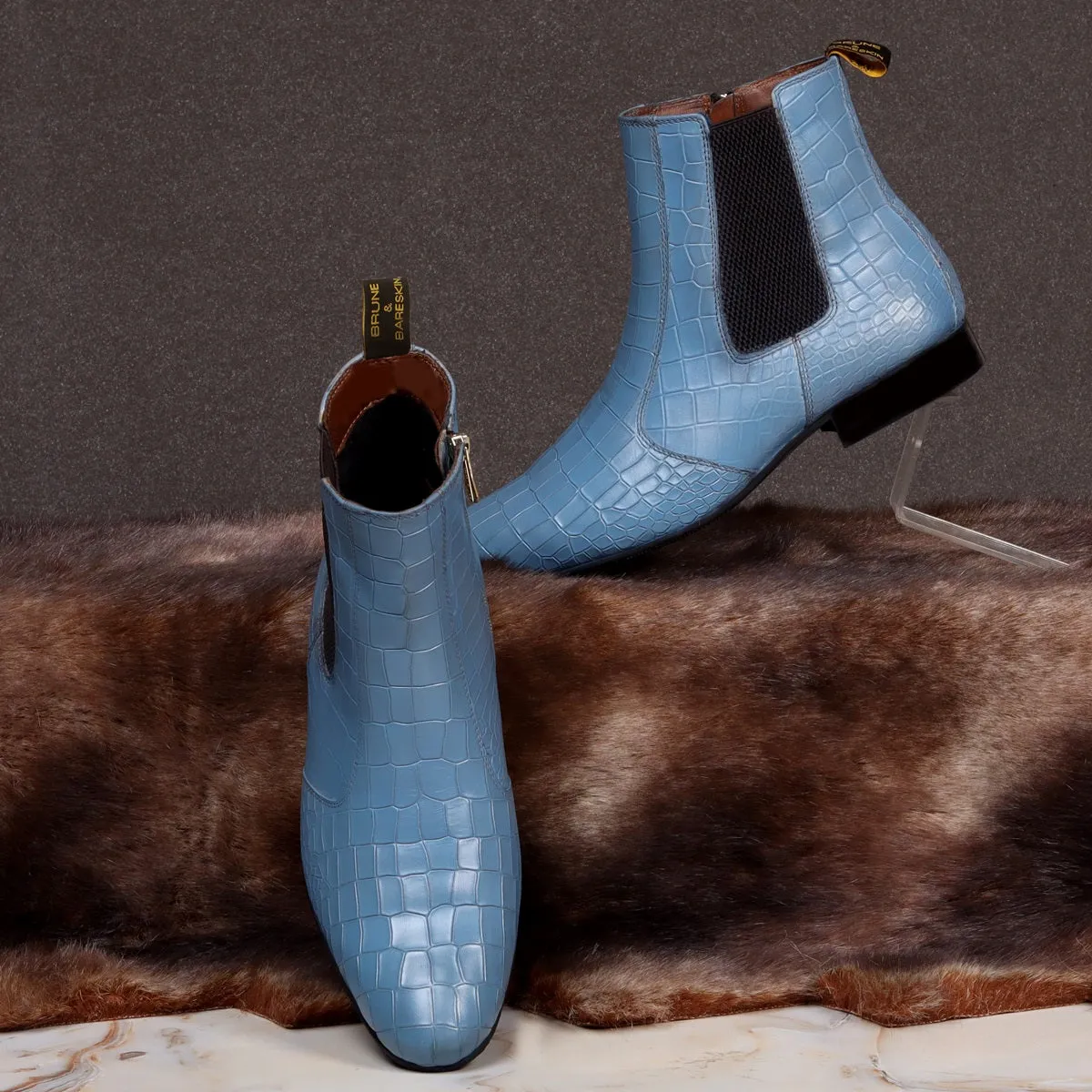 Sky Blue Chelsea Boots In Croco Textured Leather