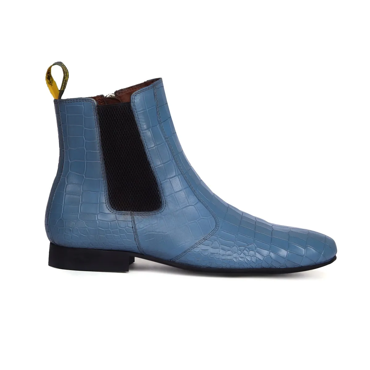 Sky Blue Chelsea Boots In Croco Textured Leather