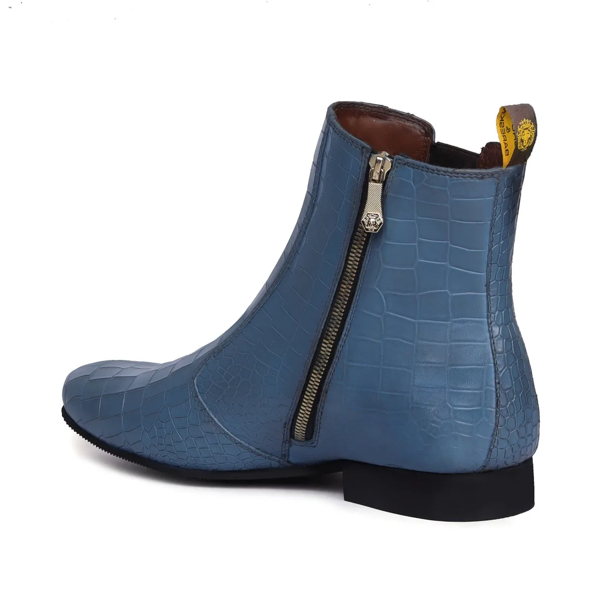 Sky Blue Chelsea Boots In Croco Textured Leather