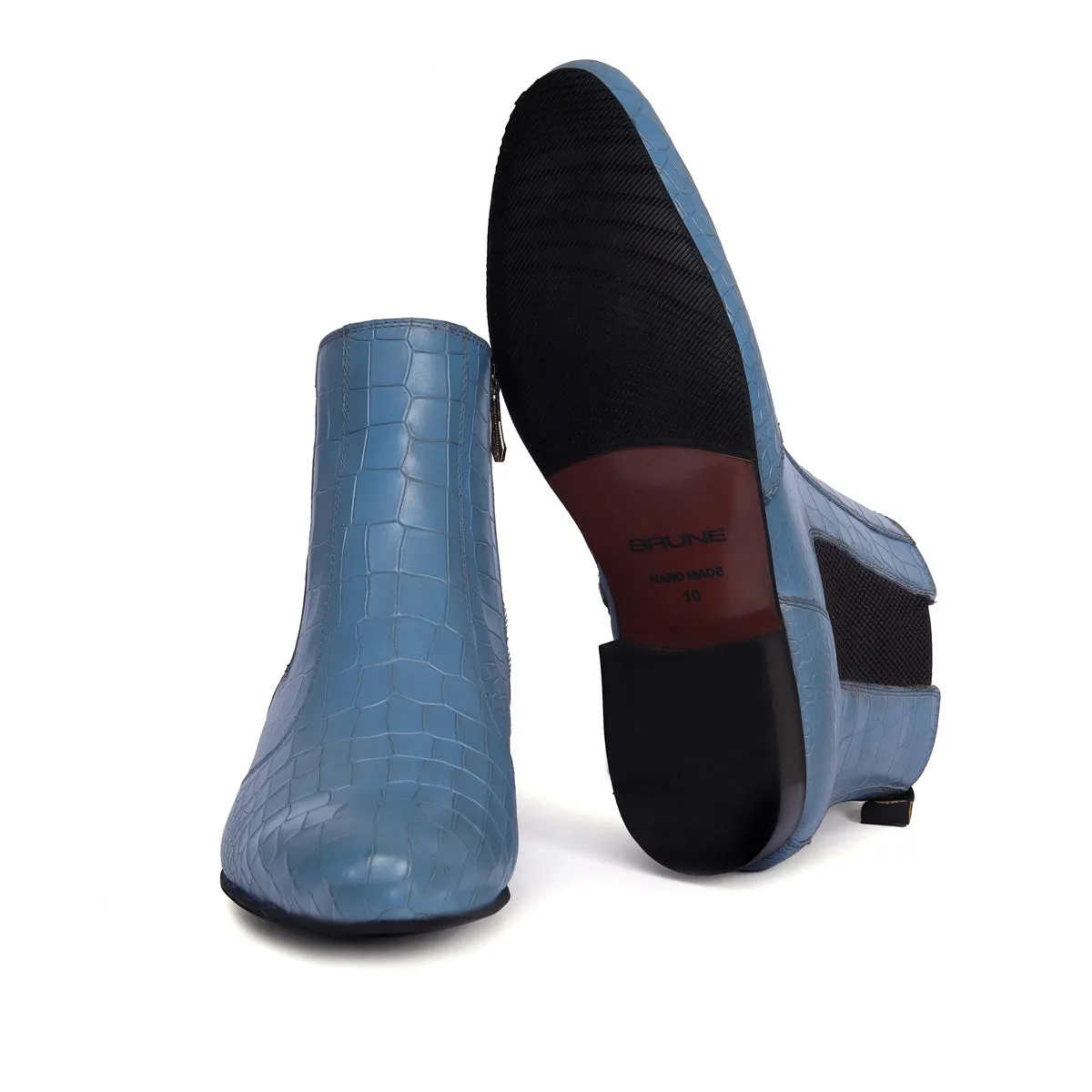 Sky Blue Chelsea Boots In Croco Textured Leather