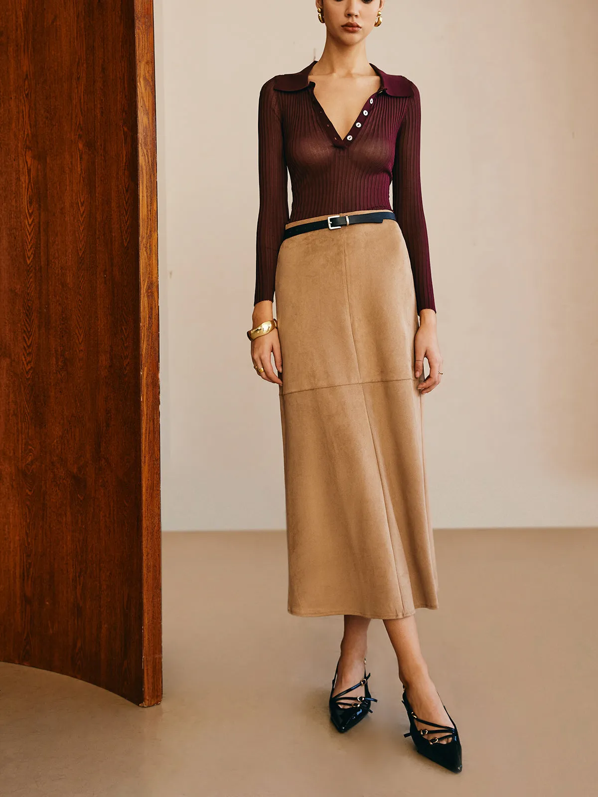 Suede Straight Skirt Without Belt