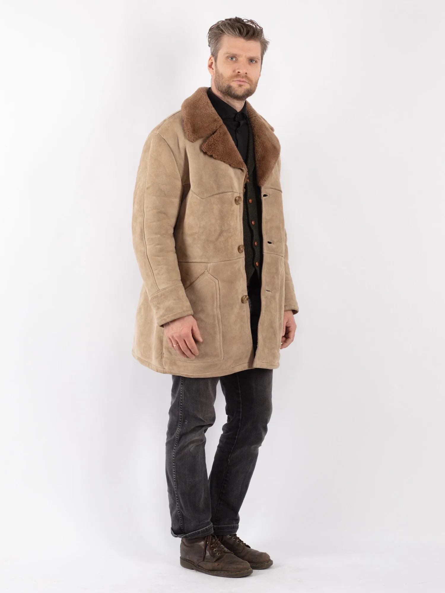 Vintage 70's Men Sheepskin Coat in Beige