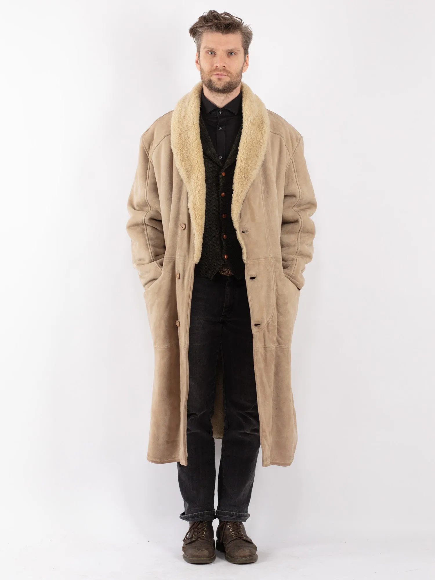 Vintage 70's Men Sheepskin Long Coat in Beige