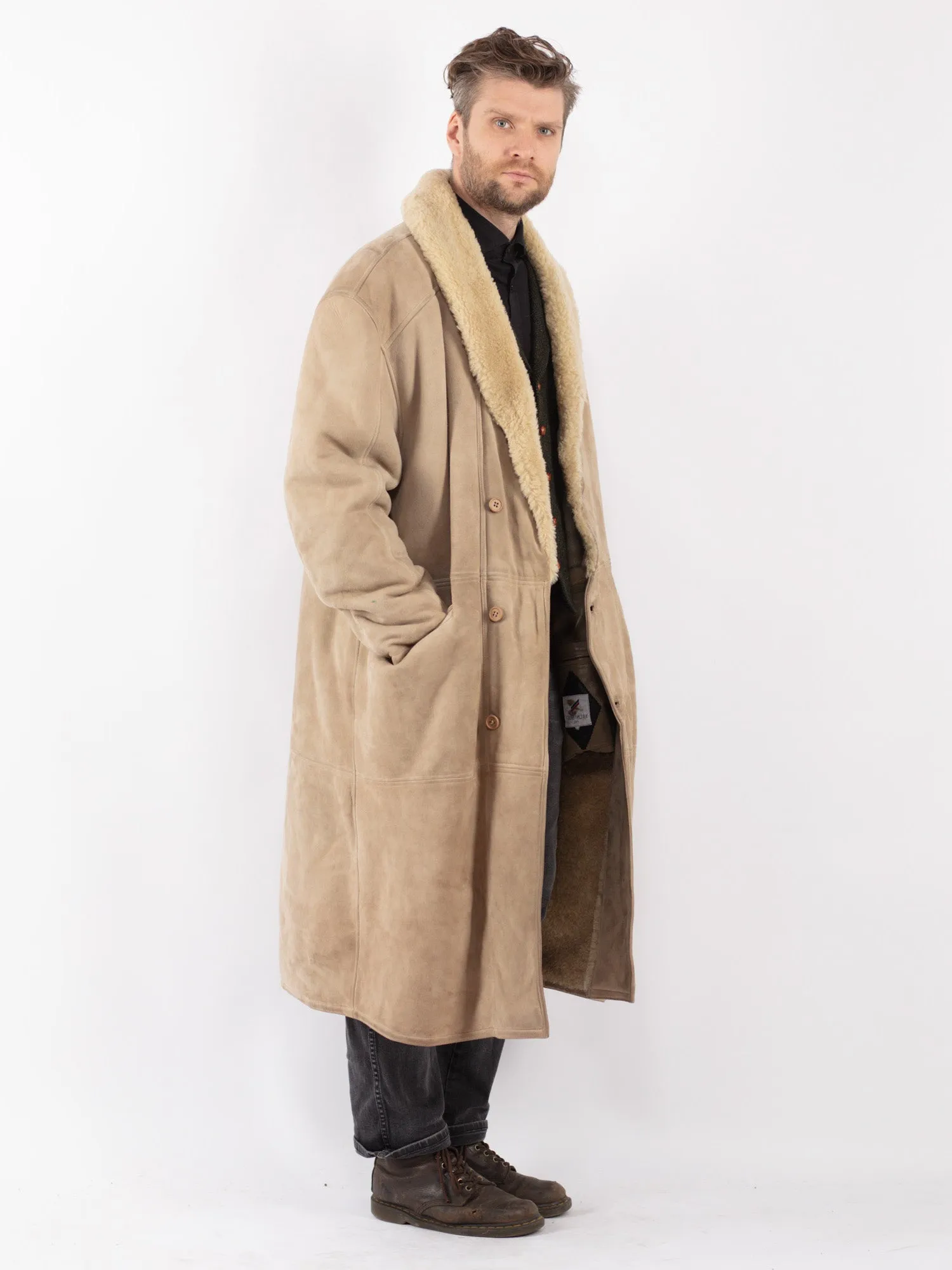 Vintage 70's Men Sheepskin Long Coat in Beige