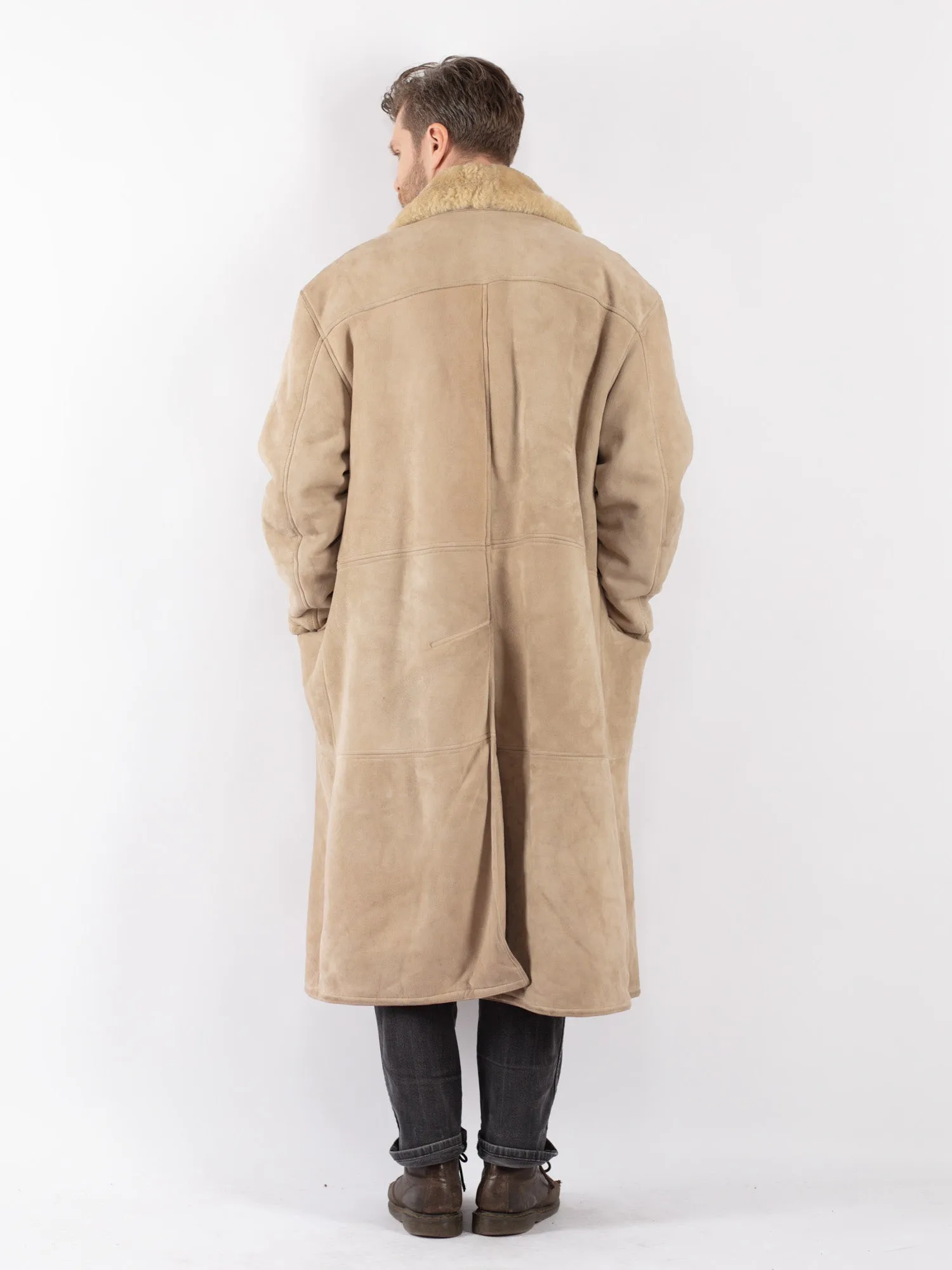 Vintage 70's Men Sheepskin Long Coat in Beige