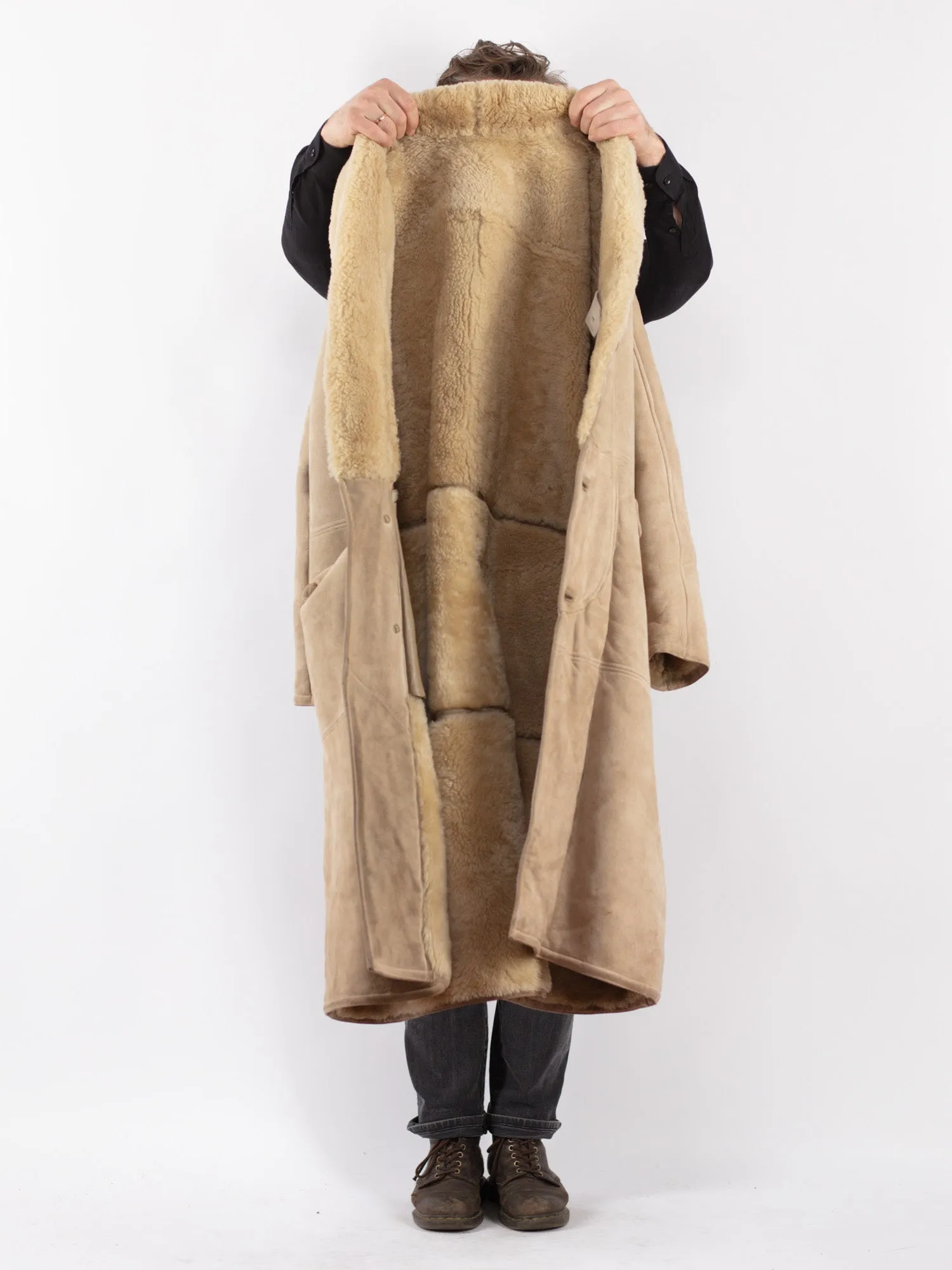 Vintage 70's Men Sheepskin Long Coat in Beige