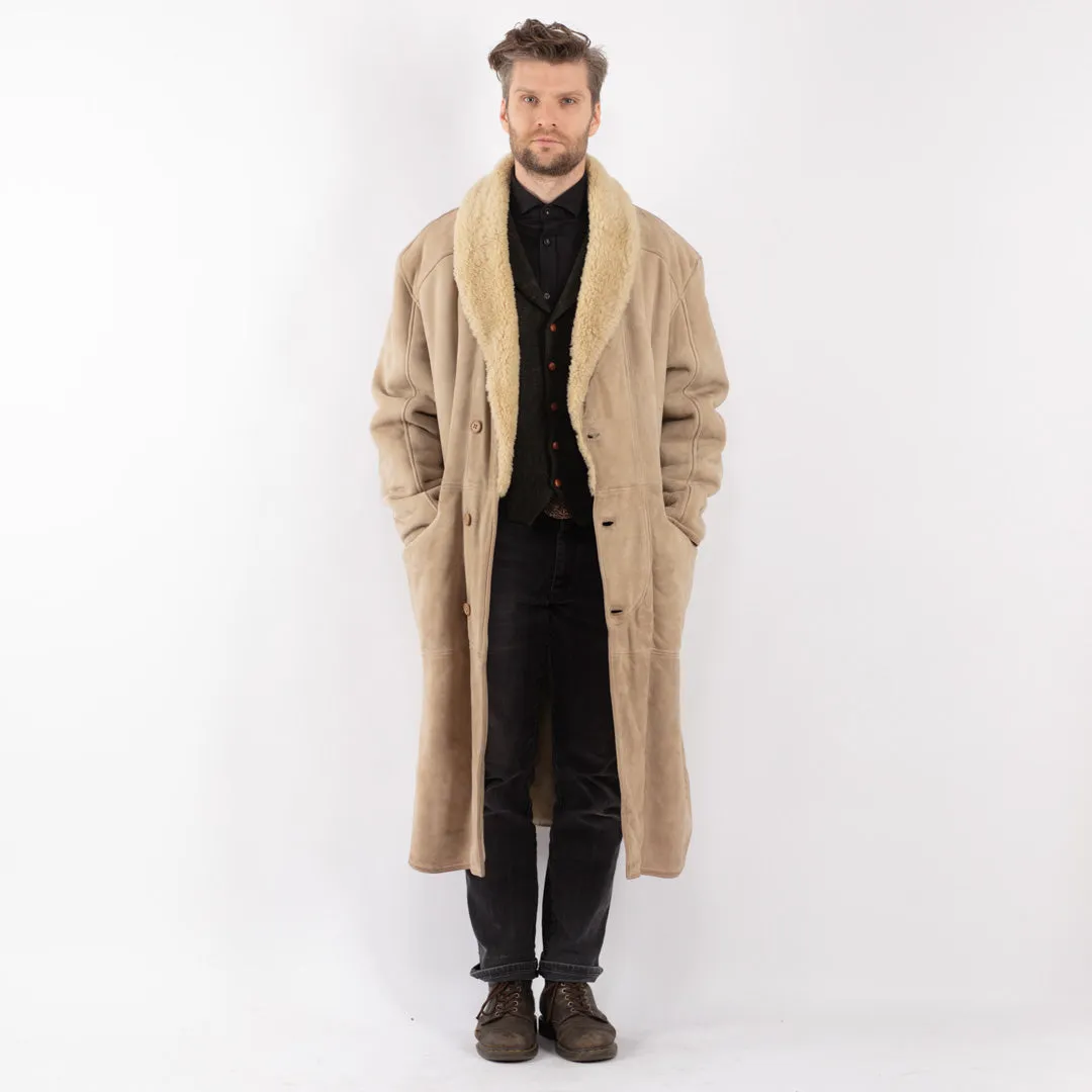 Vintage 70's Men Sheepskin Long Coat in Beige