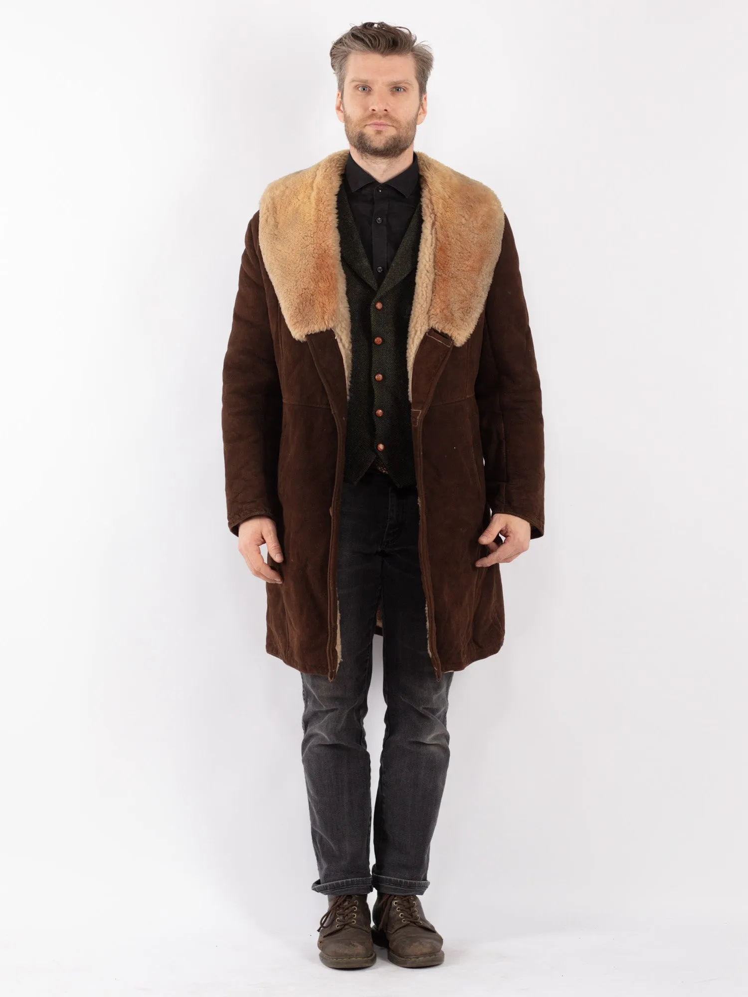 Vintage 70's Men Sheepskin Shearling Coat in Brown