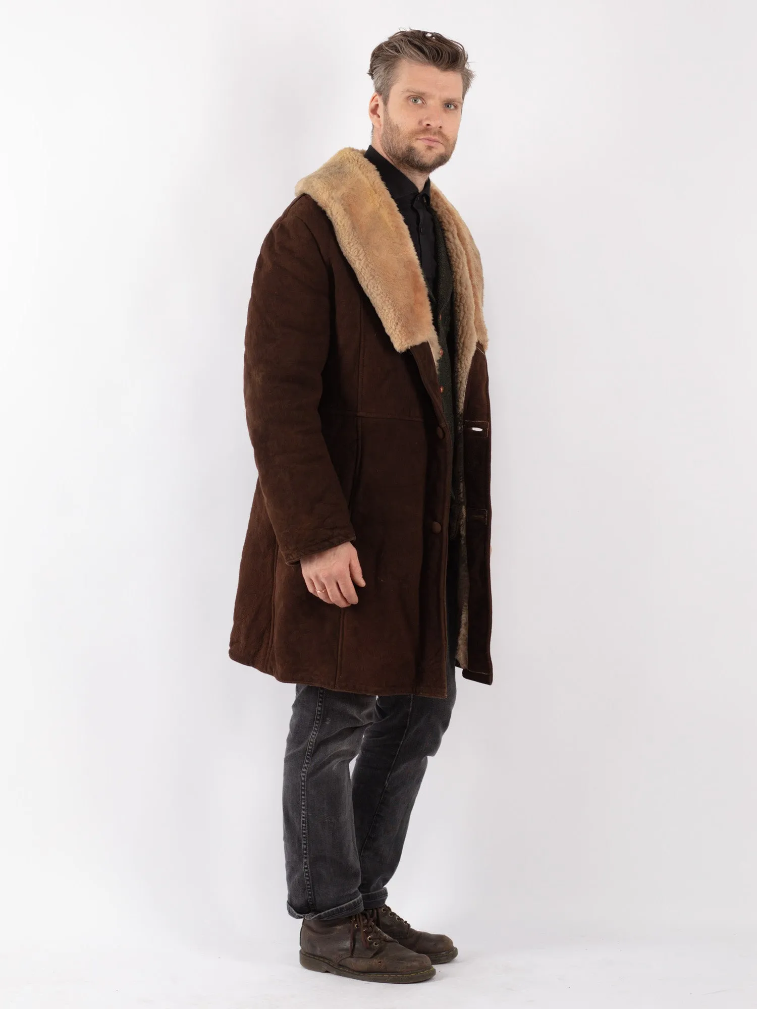 Vintage 70's Men Sheepskin Shearling Coat in Brown