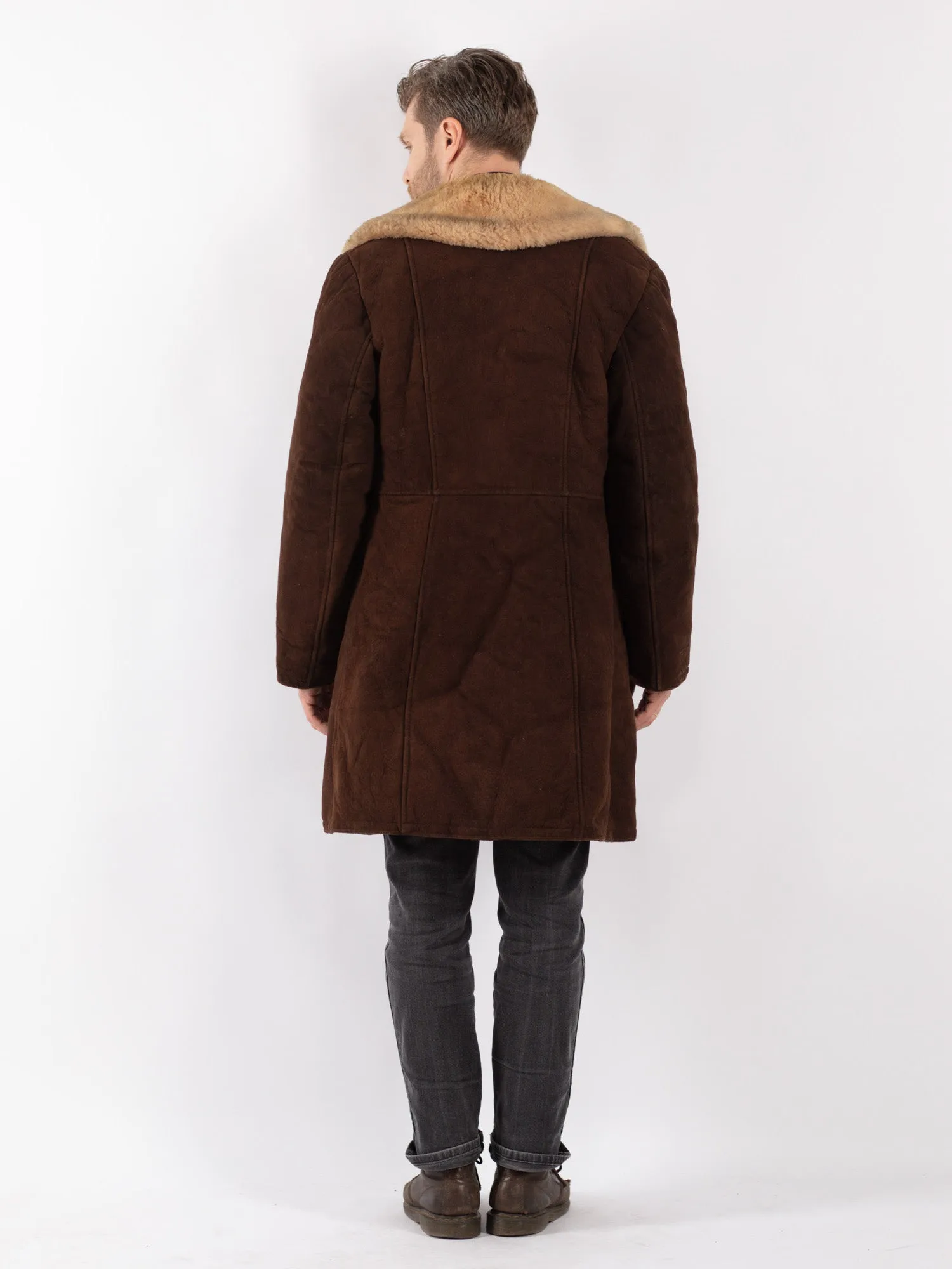 Vintage 70's Men Sheepskin Shearling Coat in Brown