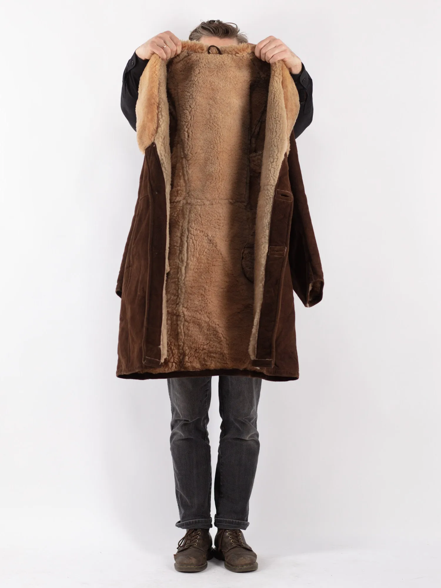 Vintage 70's Men Sheepskin Shearling Coat in Brown