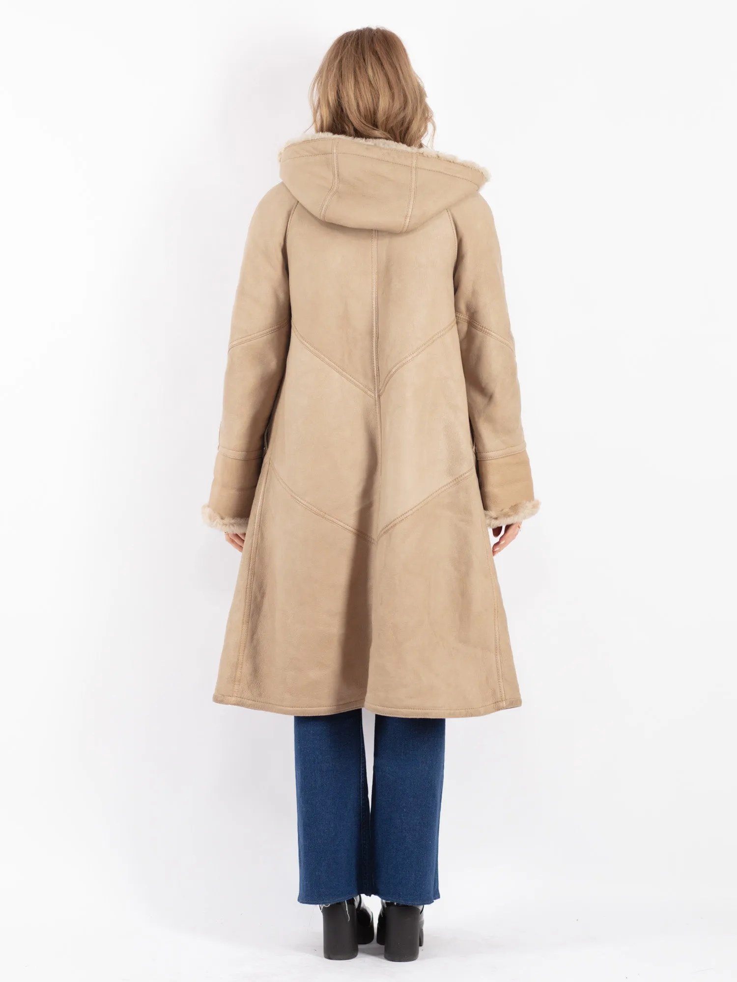 Vintage 70's Women Hooded Sheepskin Long Coat in Beige