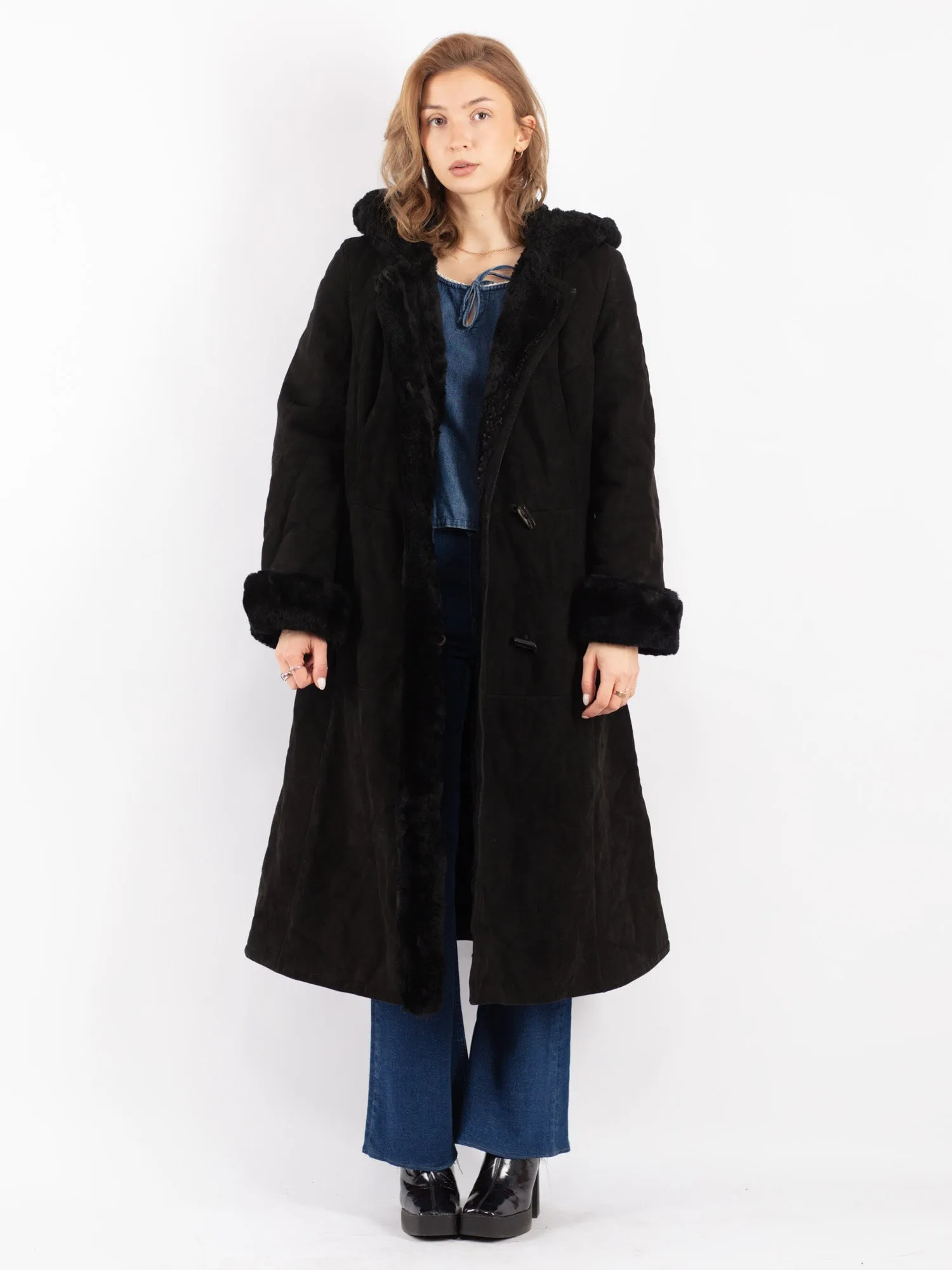 Vintage 70's Women Hooded Sheepskin Long Coat in Black