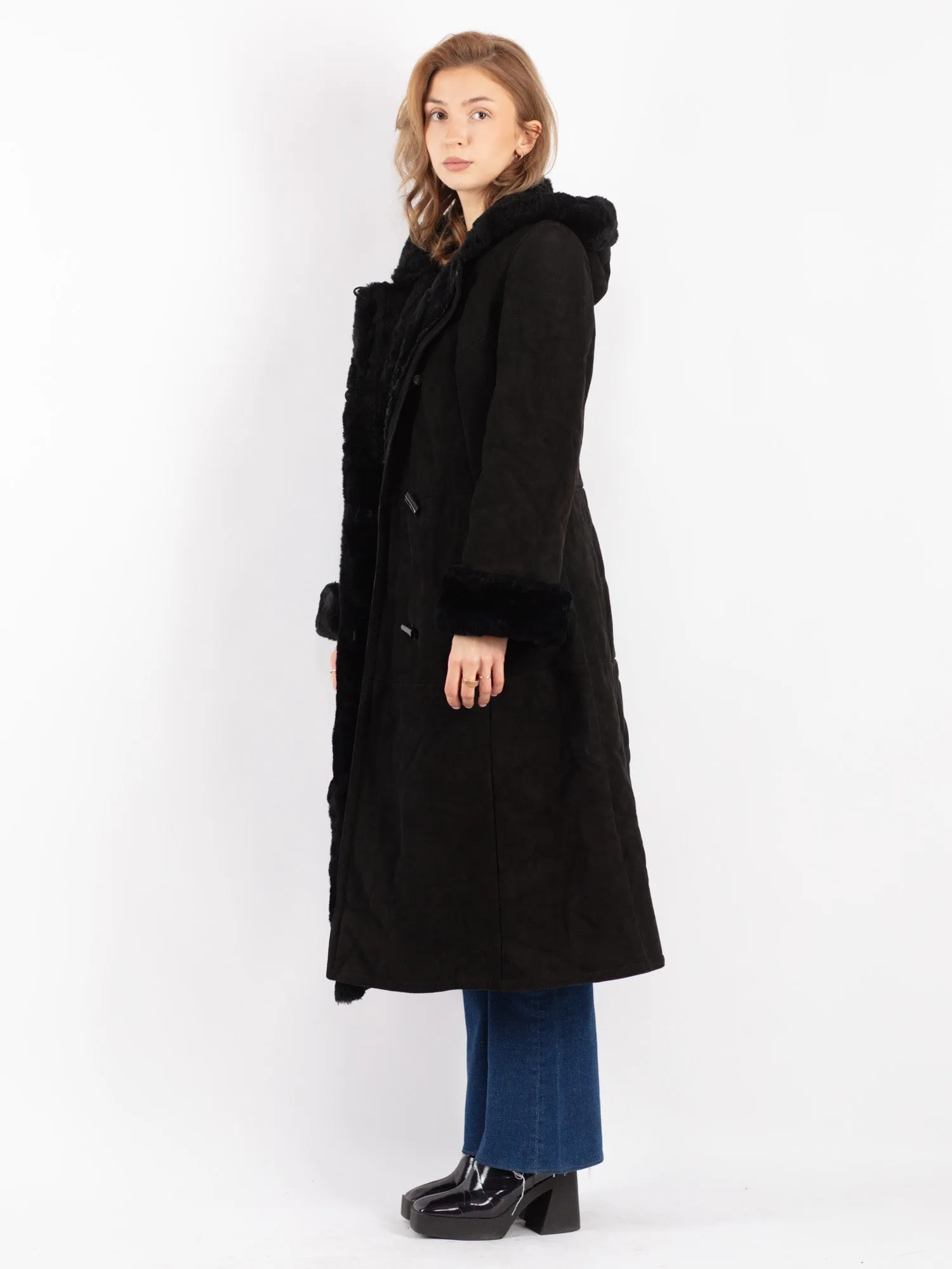 Vintage 70's Women Hooded Sheepskin Long Coat in Black