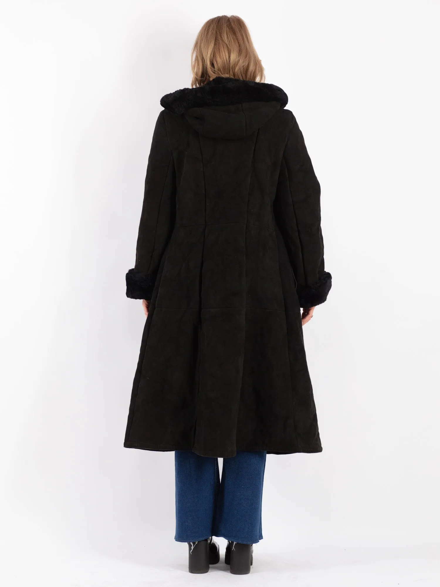 Vintage 70's Women Hooded Sheepskin Long Coat in Black