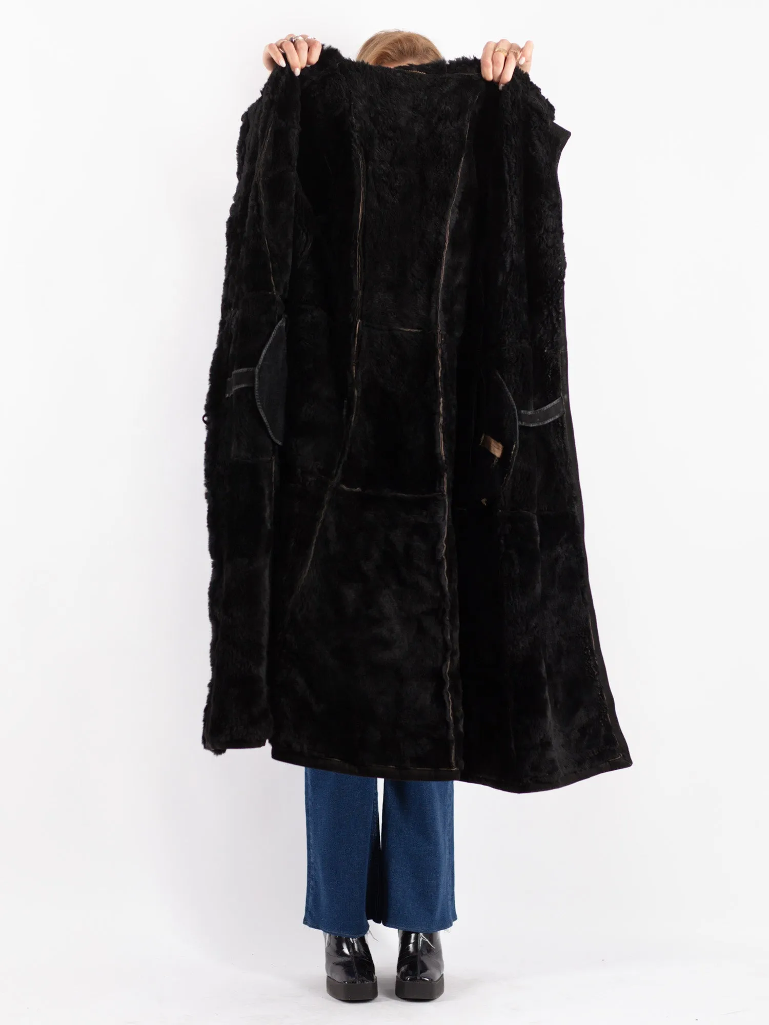 Vintage 70's Women Hooded Sheepskin Long Coat in Black