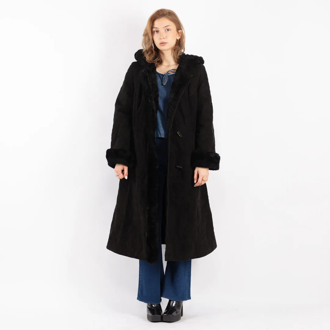 Vintage 70's Women Hooded Sheepskin Long Coat in Black