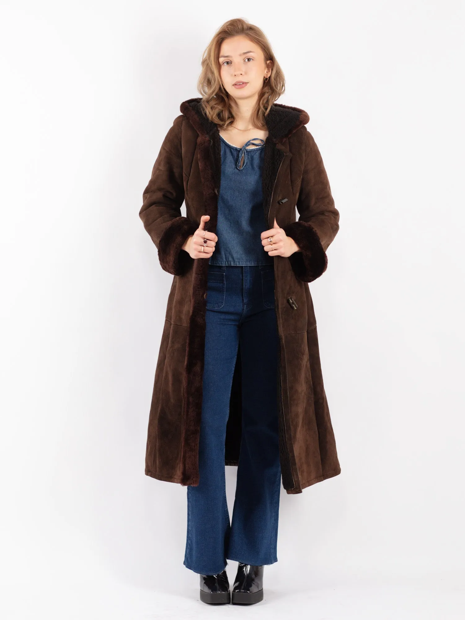 Vintage 70's Women Hooded Sheepskin Long Coat in Brown