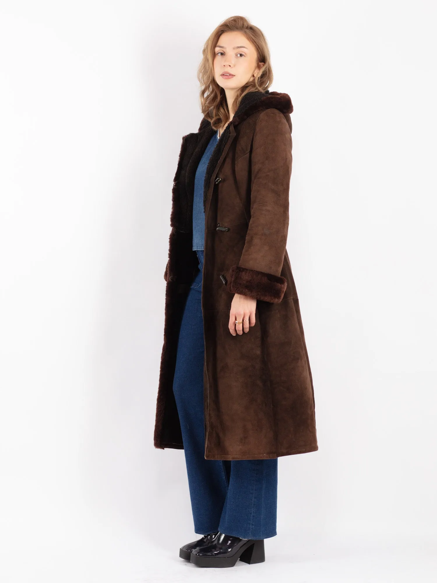 Vintage 70's Women Hooded Sheepskin Long Coat in Brown