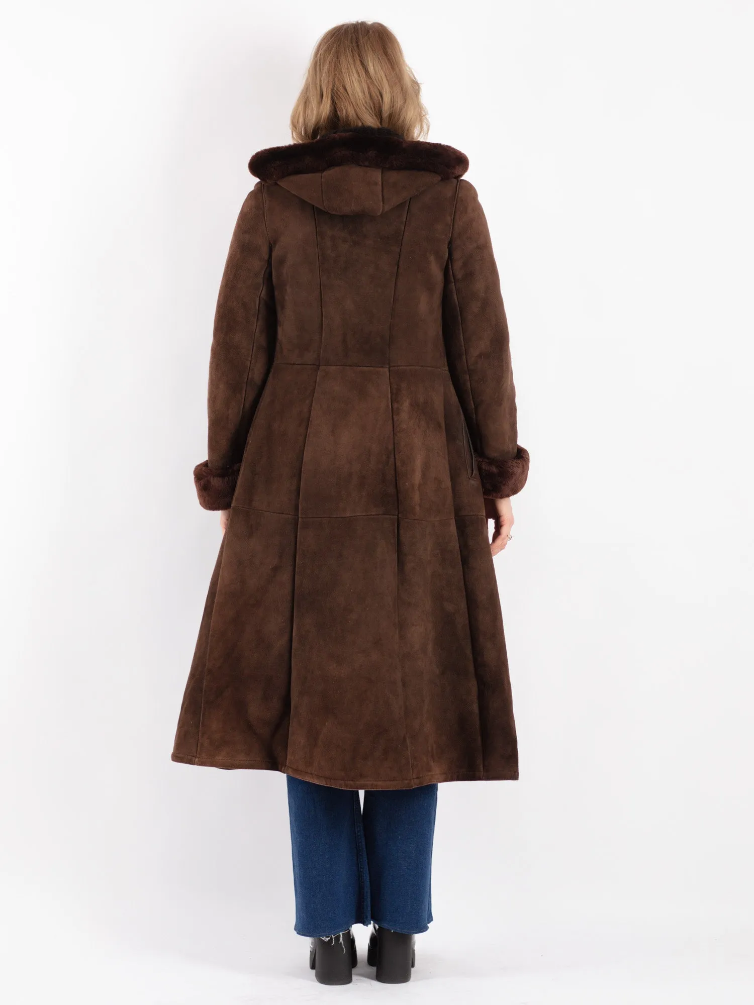 Vintage 70's Women Hooded Sheepskin Long Coat in Brown