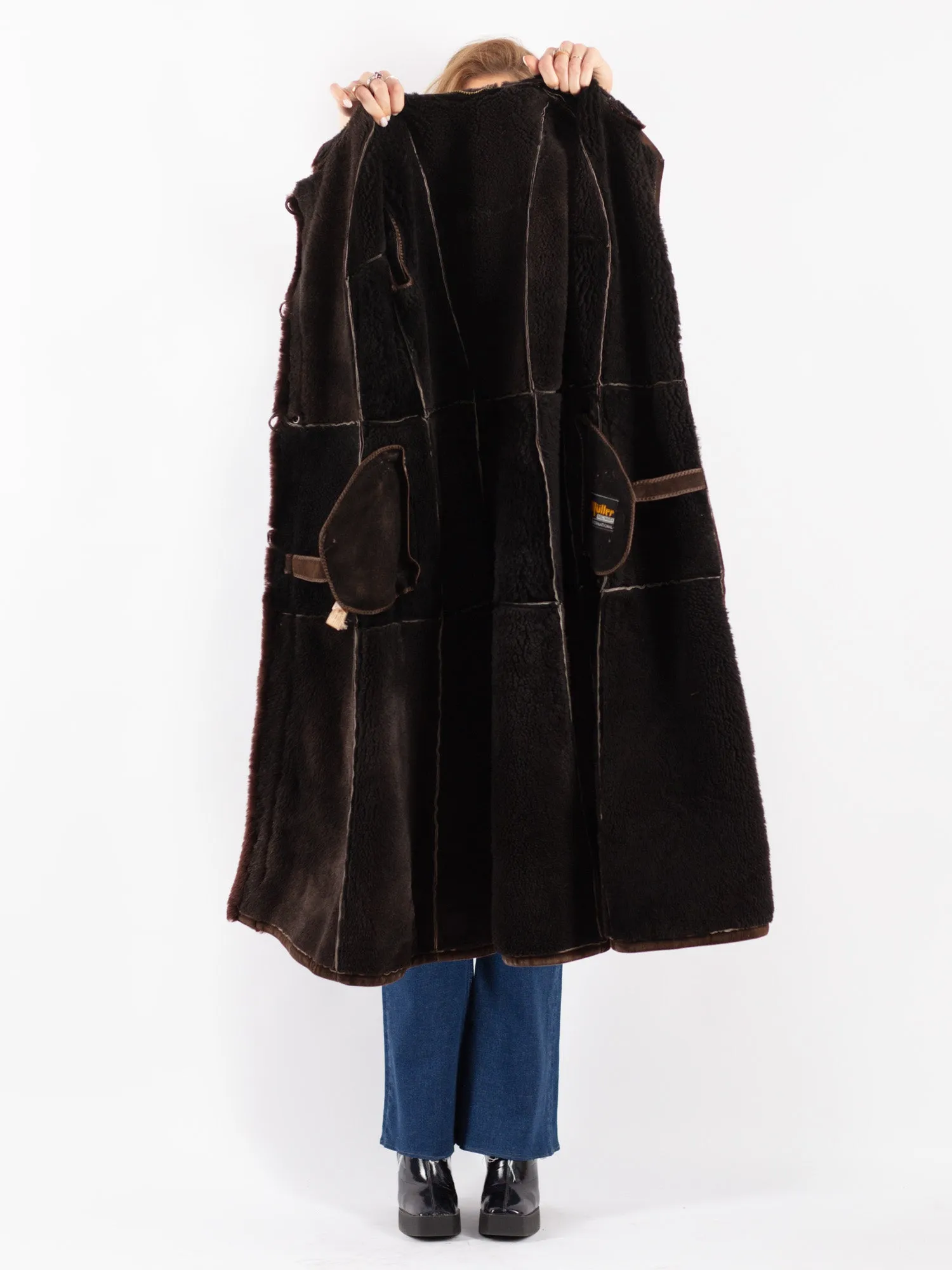 Vintage 70's Women Hooded Sheepskin Long Coat in Brown