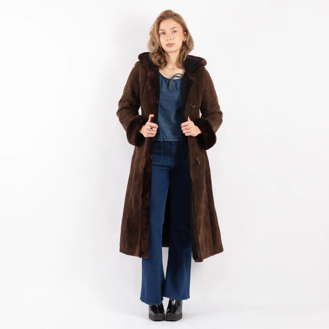 Vintage 70's Women Hooded Sheepskin Long Coat in Brown