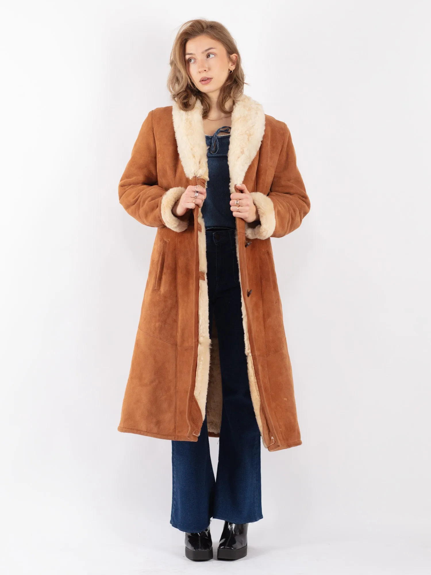 Vintage 70's Women Sheepskin Long Coat in Brown