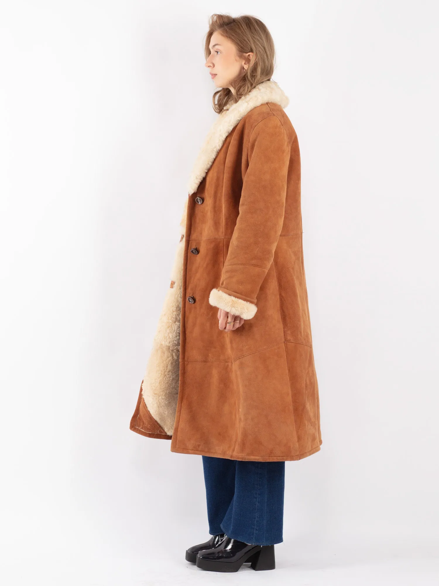 Vintage 70's Women Sheepskin Long Coat in Brown