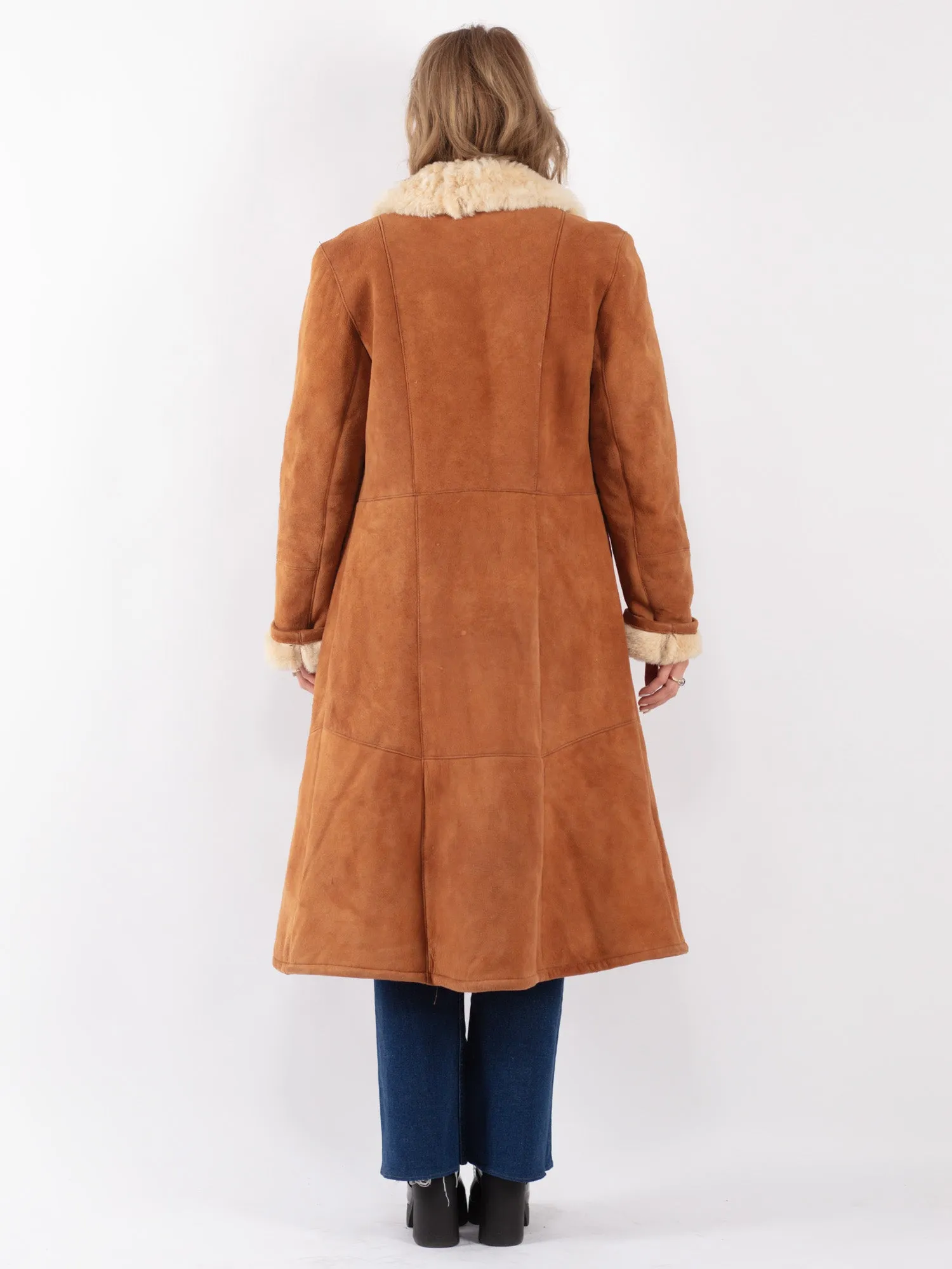 Vintage 70's Women Sheepskin Long Coat in Brown