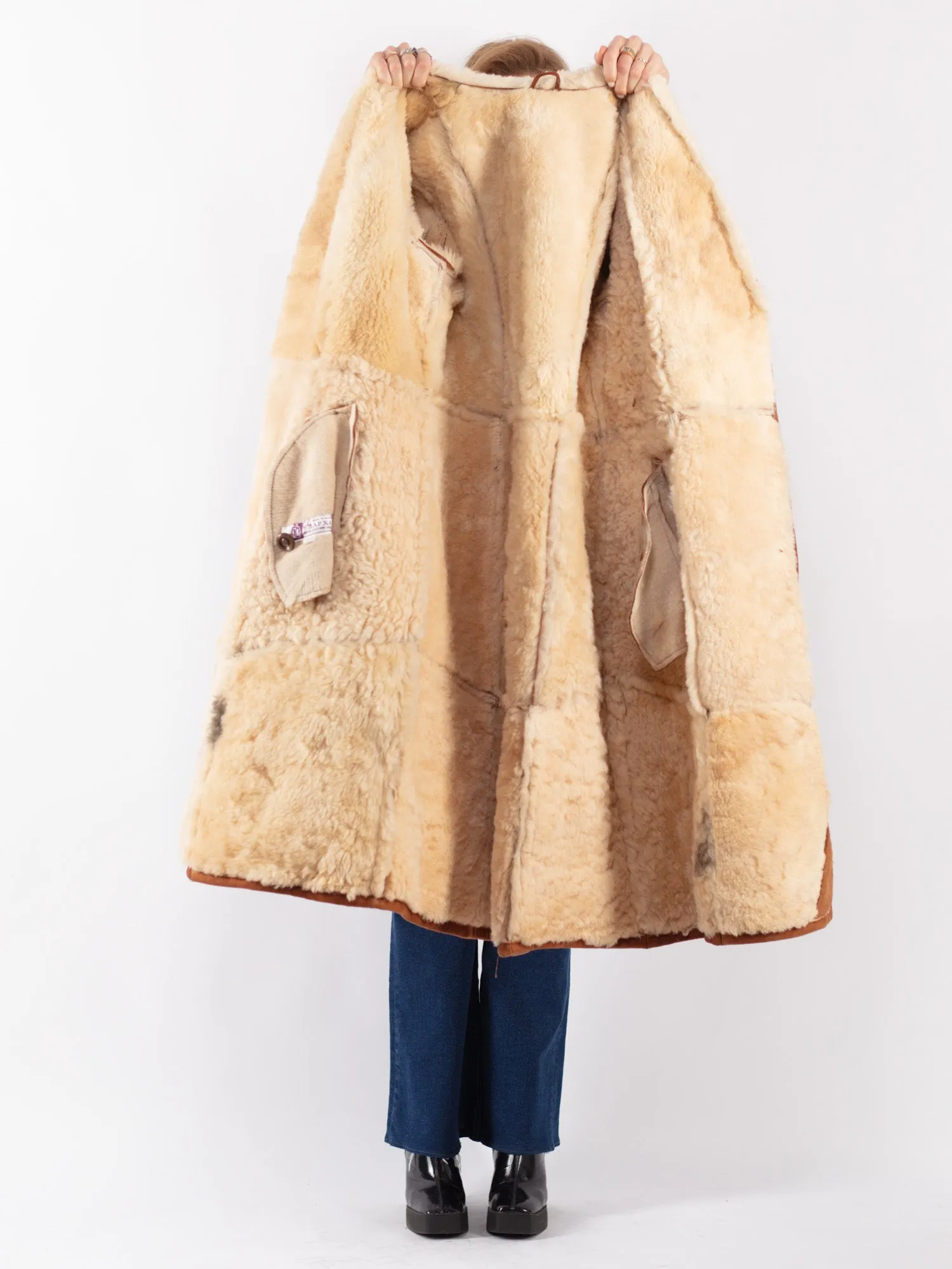 Vintage 70's Women Sheepskin Long Coat in Brown