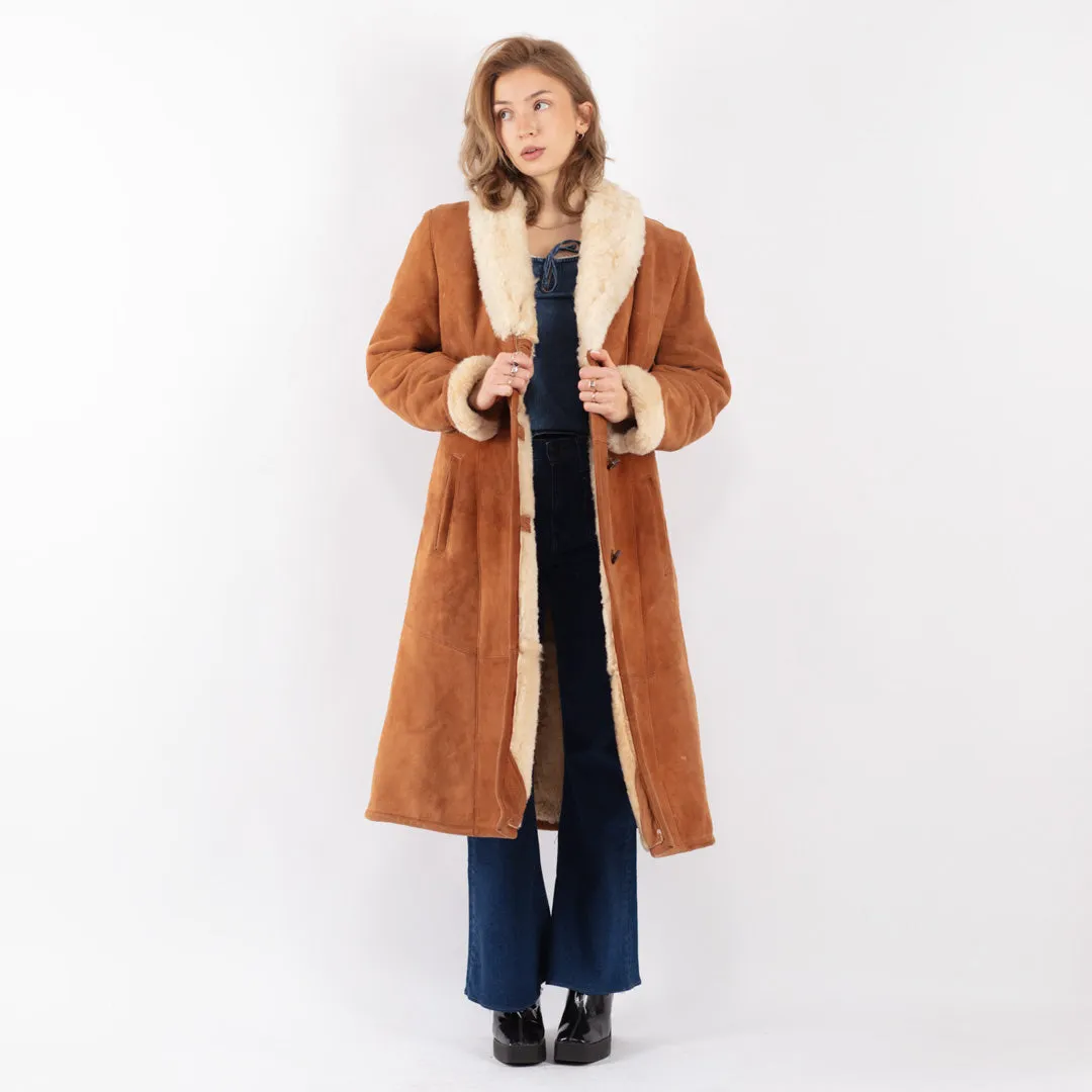 Vintage 70's Women Sheepskin Long Coat in Brown