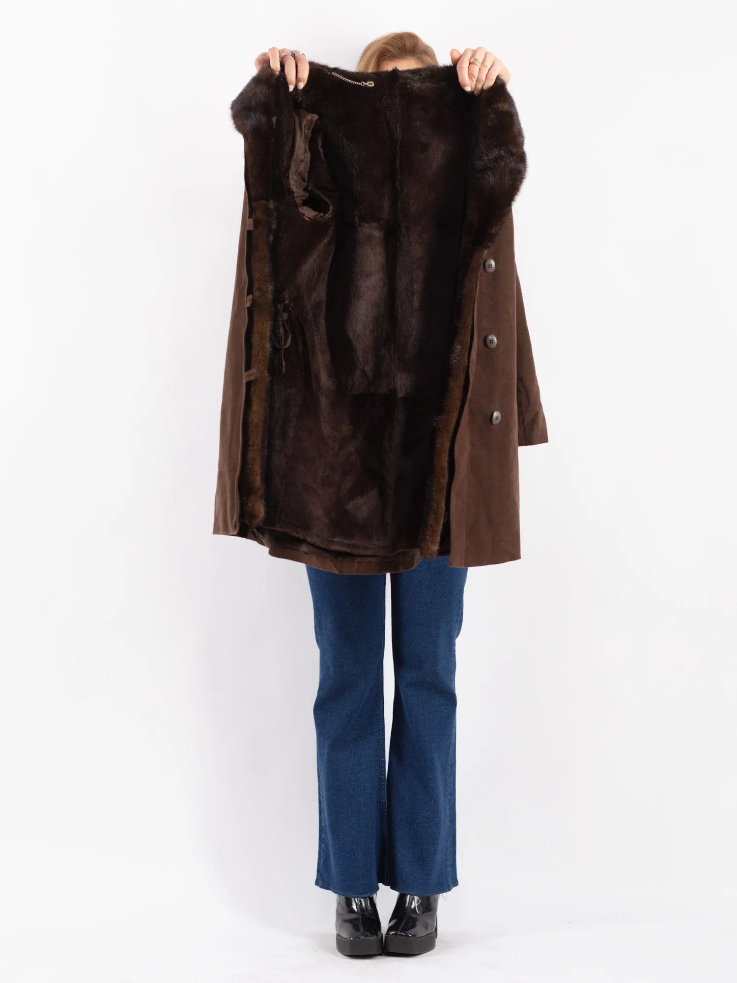 Vintage 70's Women Suede Fur Coat in Brown