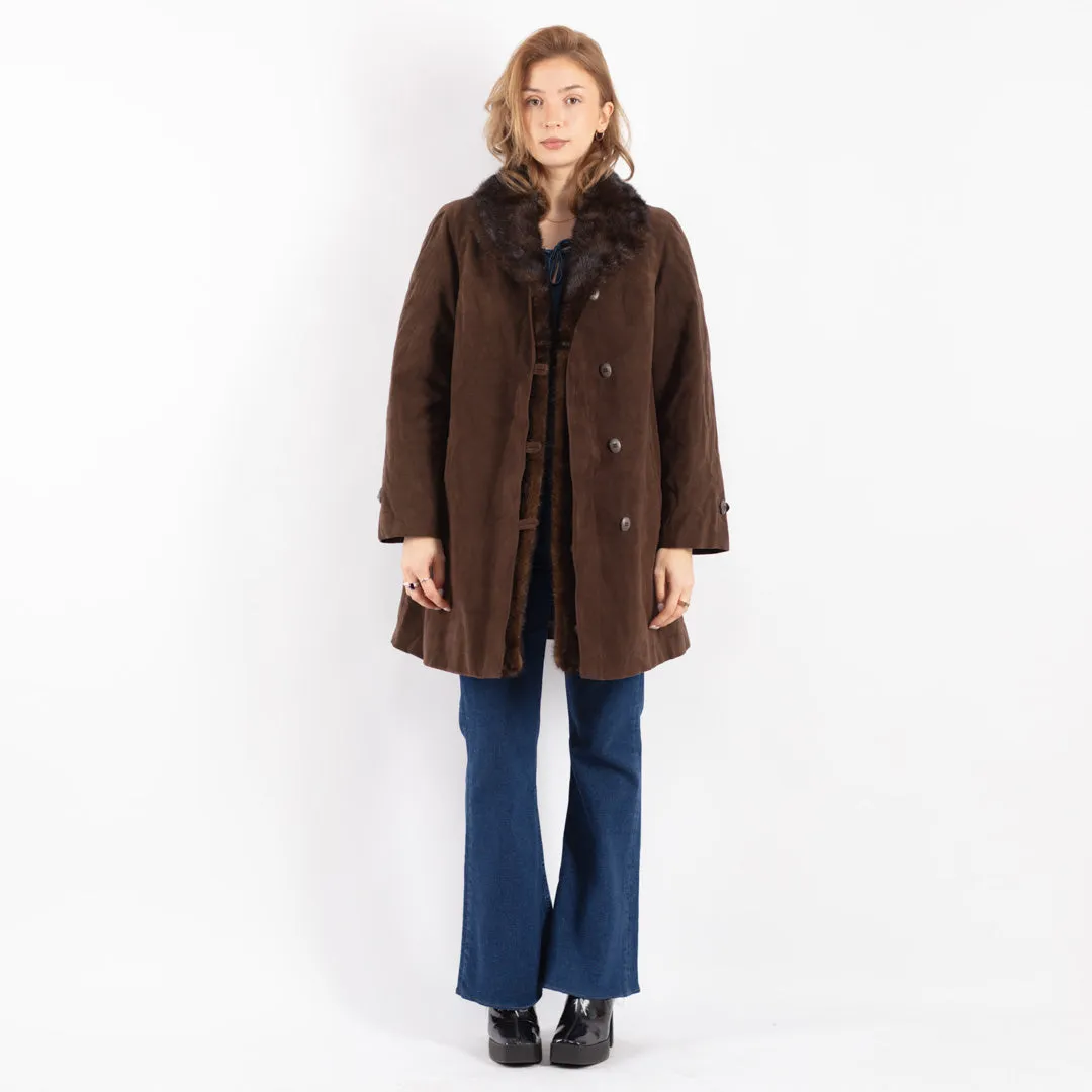 Vintage 70's Women Suede Fur Coat in Brown