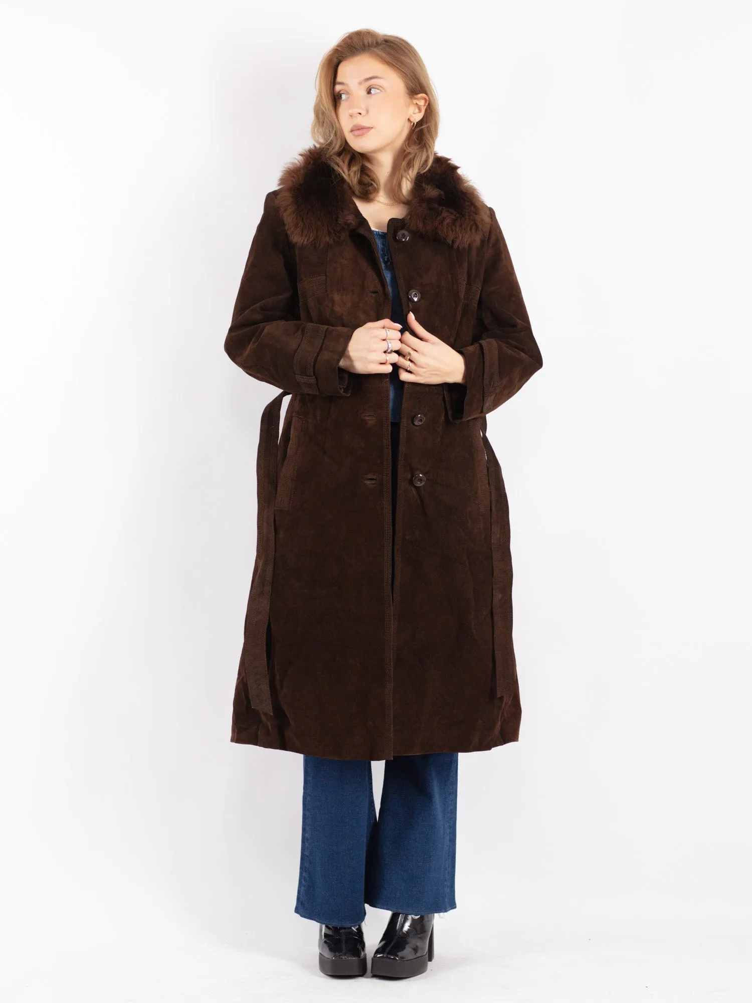 Vintage 70's Women Suede Long Coat in Brown