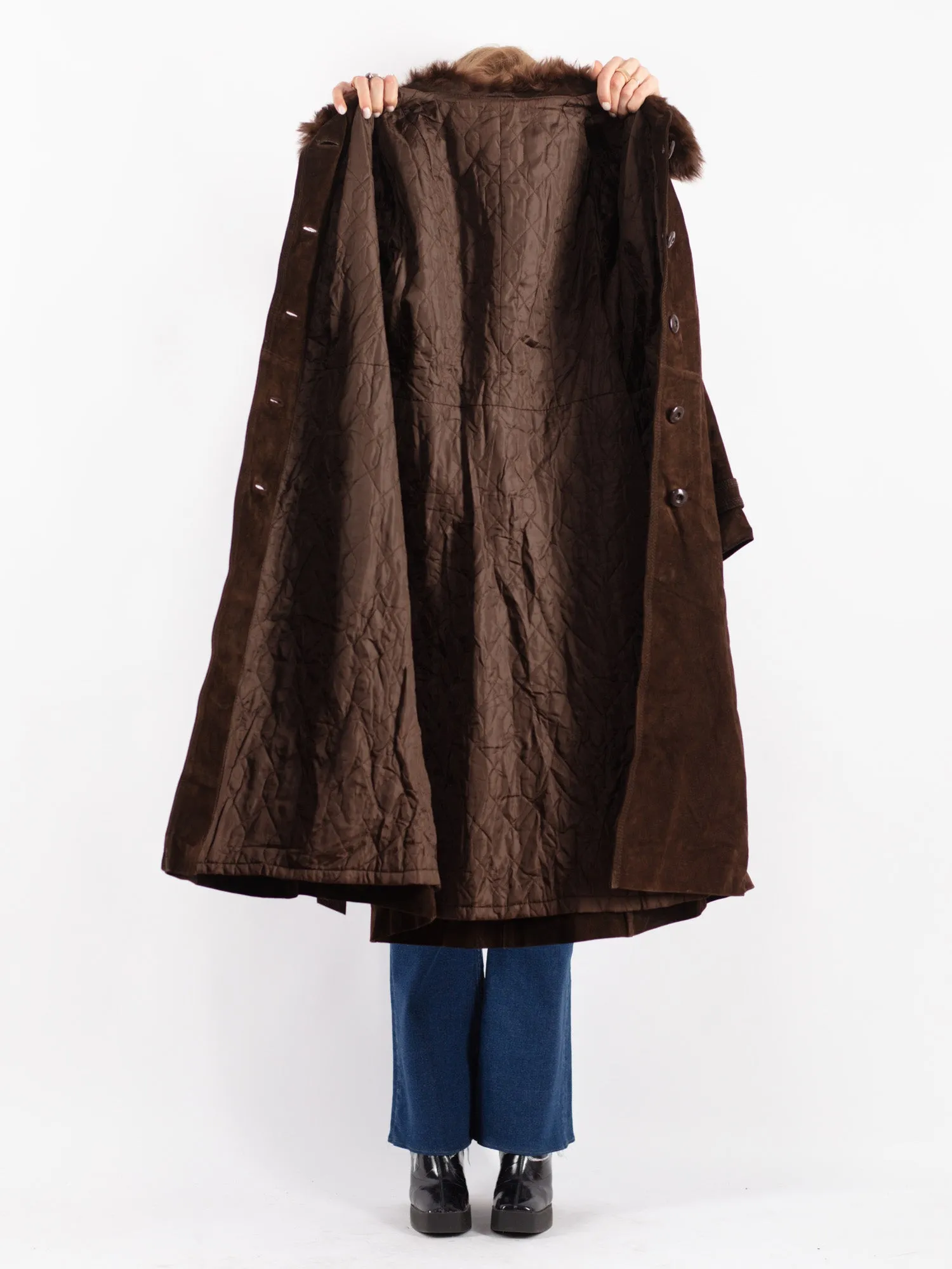 Vintage 70's Women Suede Long Coat in Brown